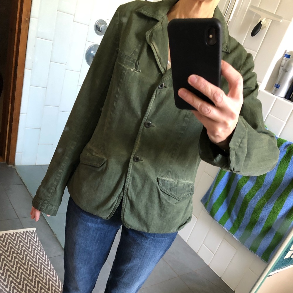 Rogan Garment-dyed Distressed Olive Green Cotton 3-Button Jacket